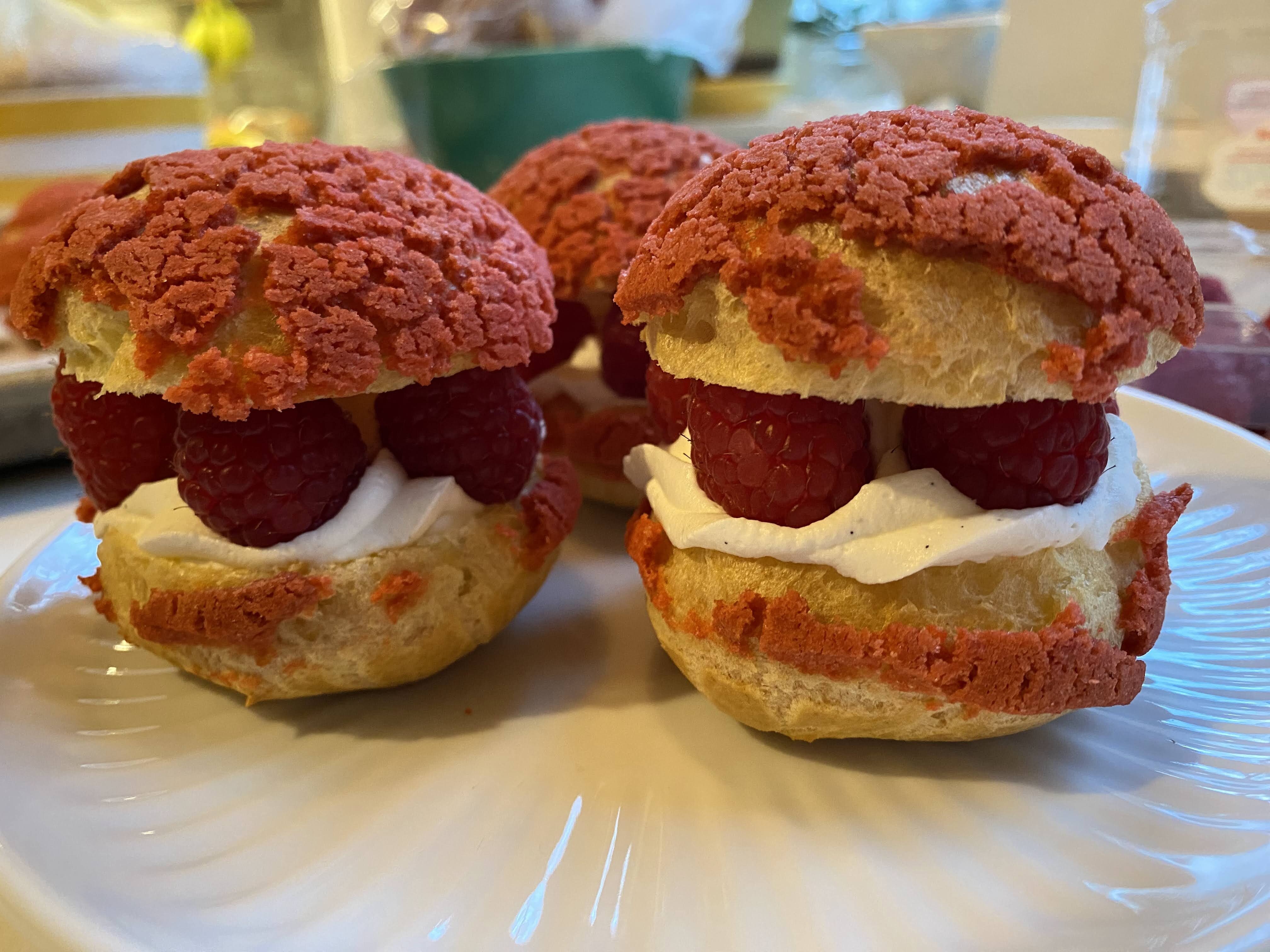 Craquelin Cream Puffs with Raspberries