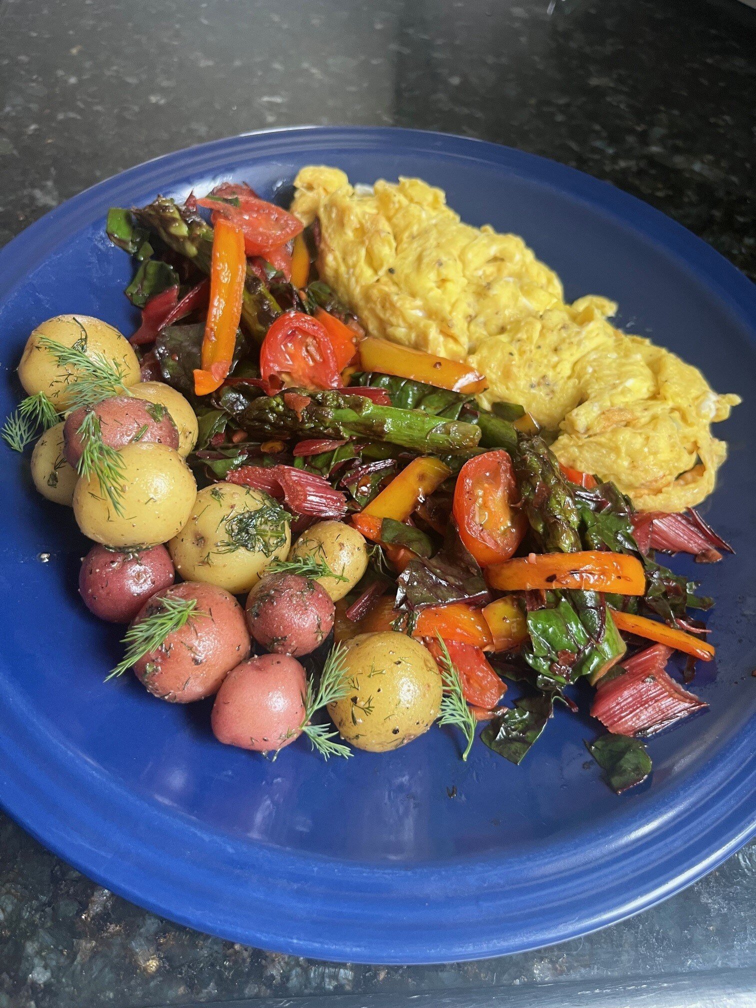 Soft Scramble Eggs, Boiled Baby Potatoes and Vegetable Sauté