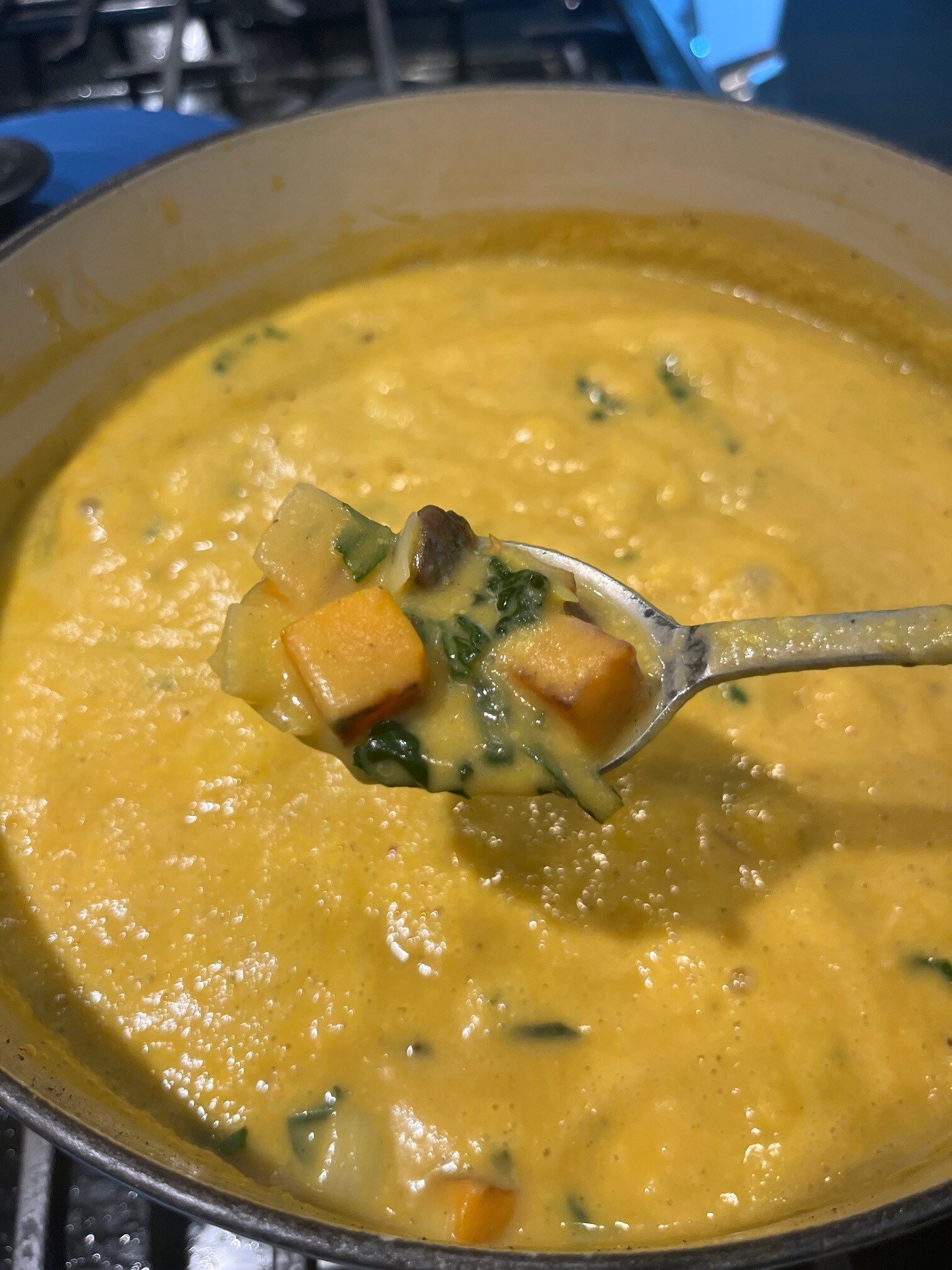 Butternut Squash and Celery Root Soup with Mushrooms, Leeks and Kale